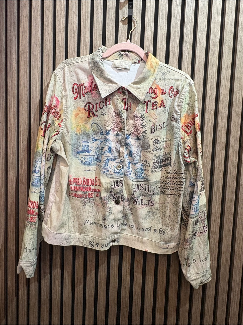 Vintage Beige Graphic Tea-Print Lightweight Jacket with Red & Blue Accents
